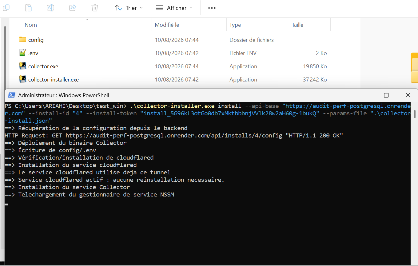 Dossier contenant collector.exe, collector-installer.exe, .env et config, avec le terminal PowerShell affichant la progression de l'installation en direct